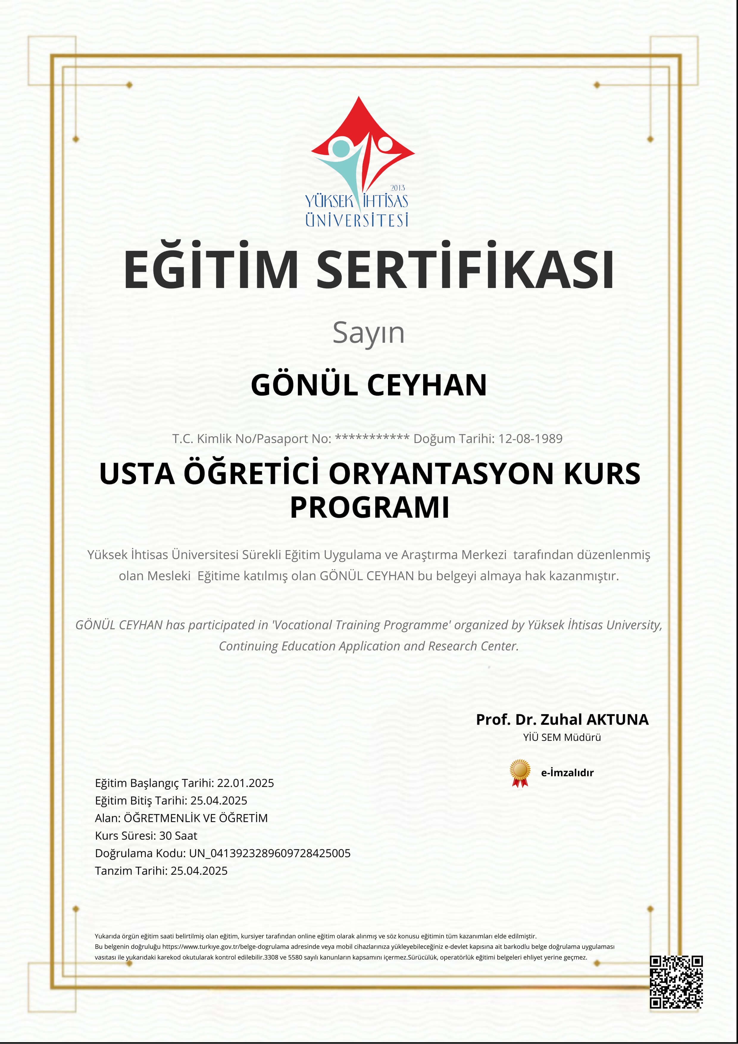 USTA ÖĞRETİCİ ORYANTASYON KURS PROGRAMI