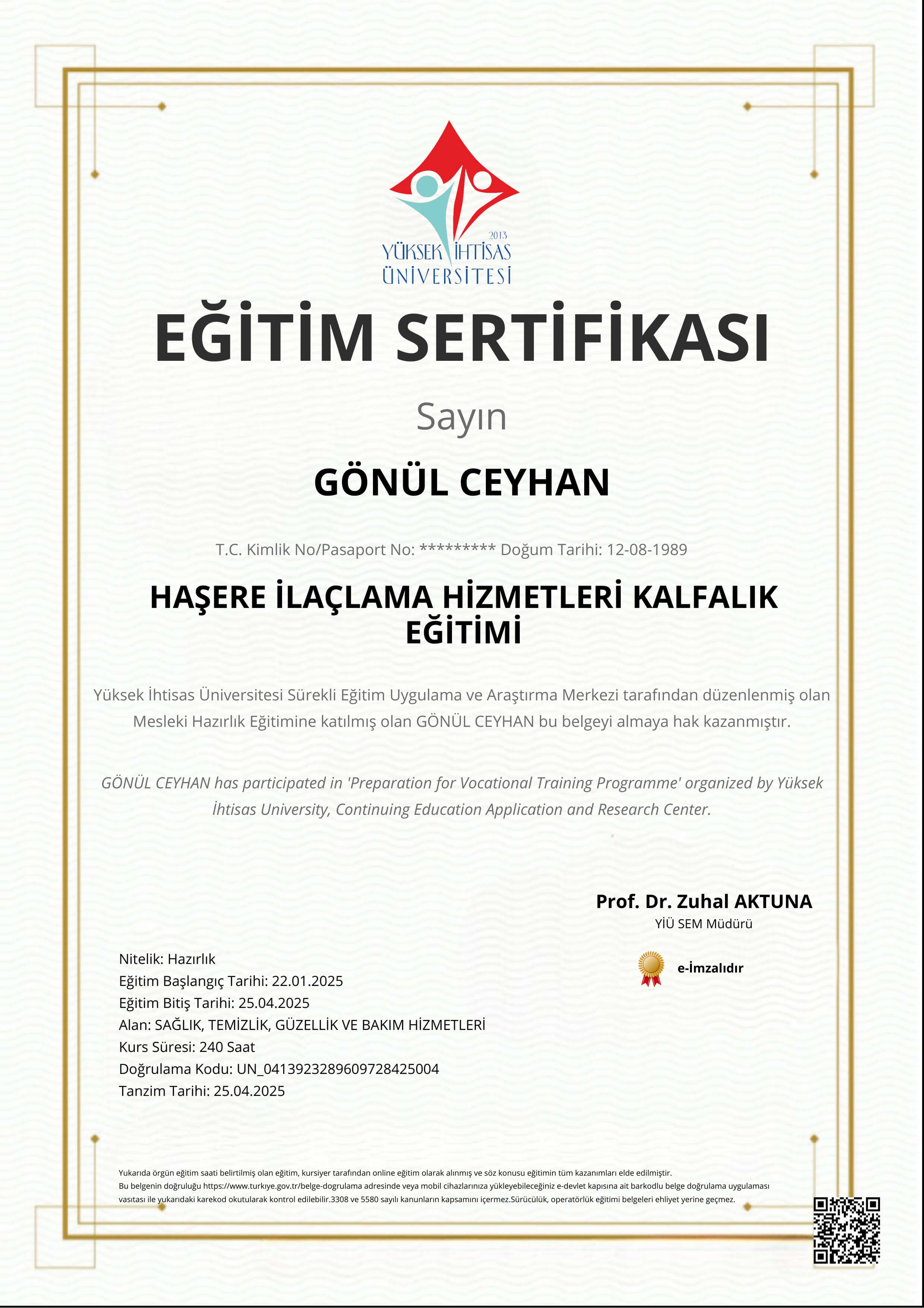 HAŞERE İLAÇLAMA HİZMETLERİ KALFALIK EĞİTİMİ