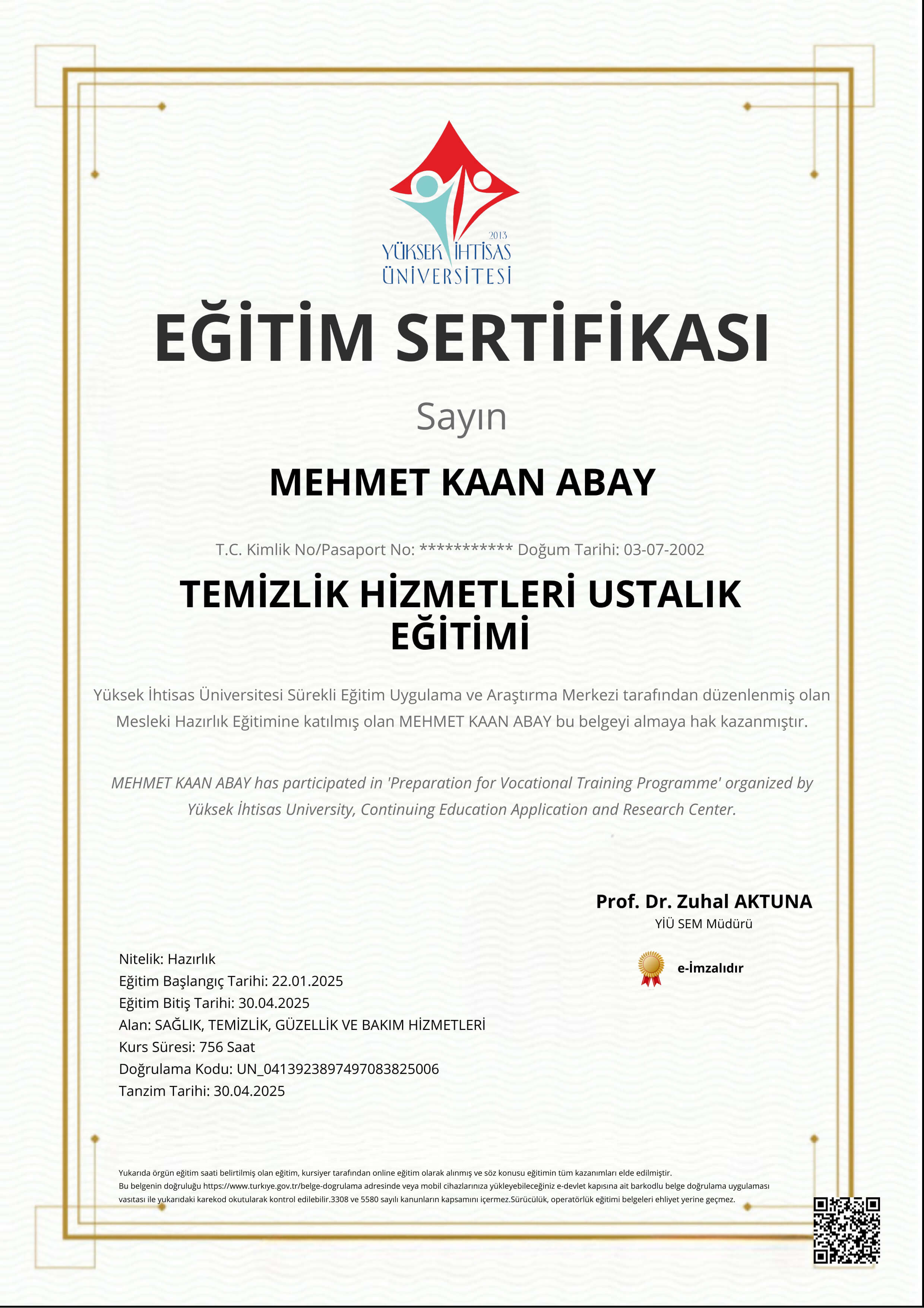 TEMİZLİK HİZMETLERİ USTALIK EĞİTİMİ