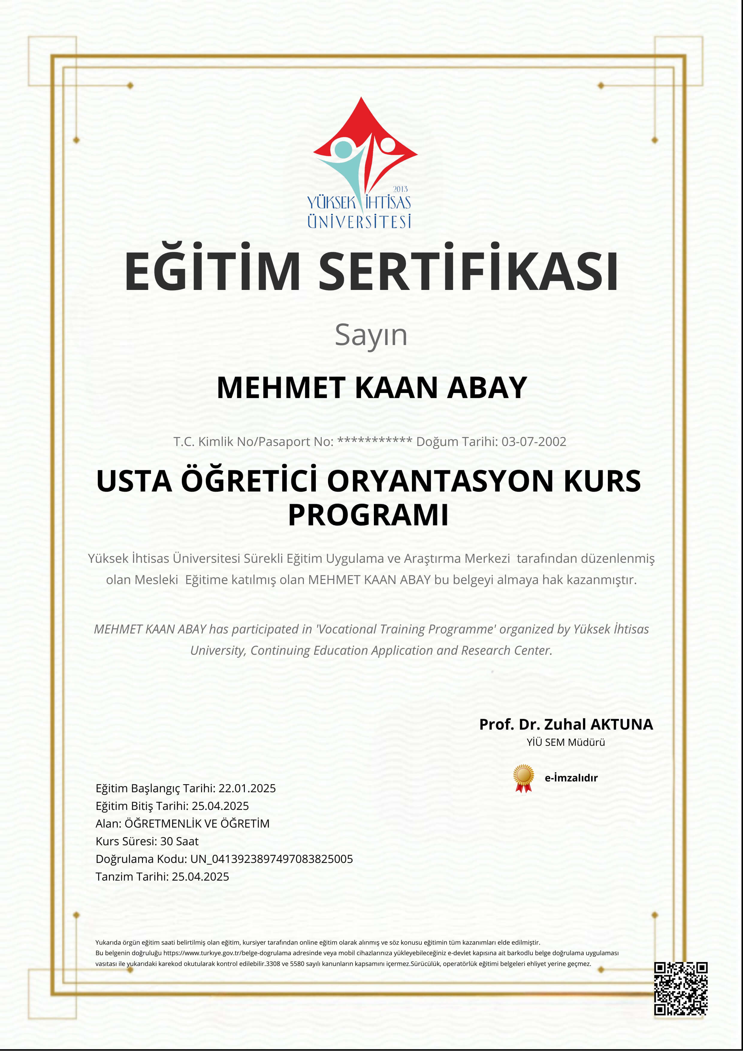 USTA ÖĞRETİCİ ORYANTASYON KURS PROGRAMI